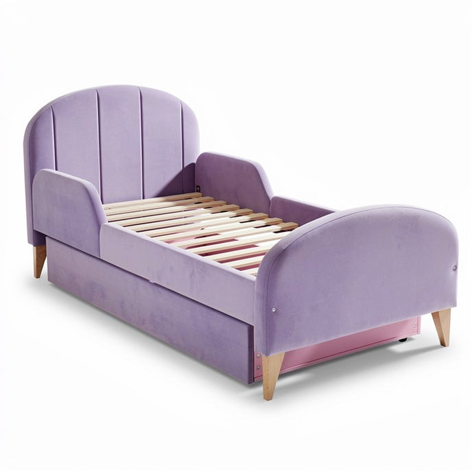 **Kinderbed met lila bekleding en opbergruimte**